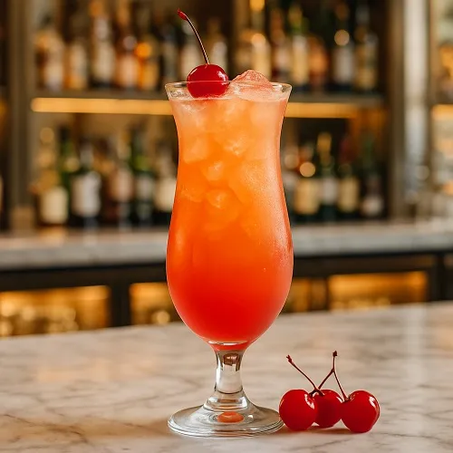 Rum Punch cocktail in a Hurricane glass.